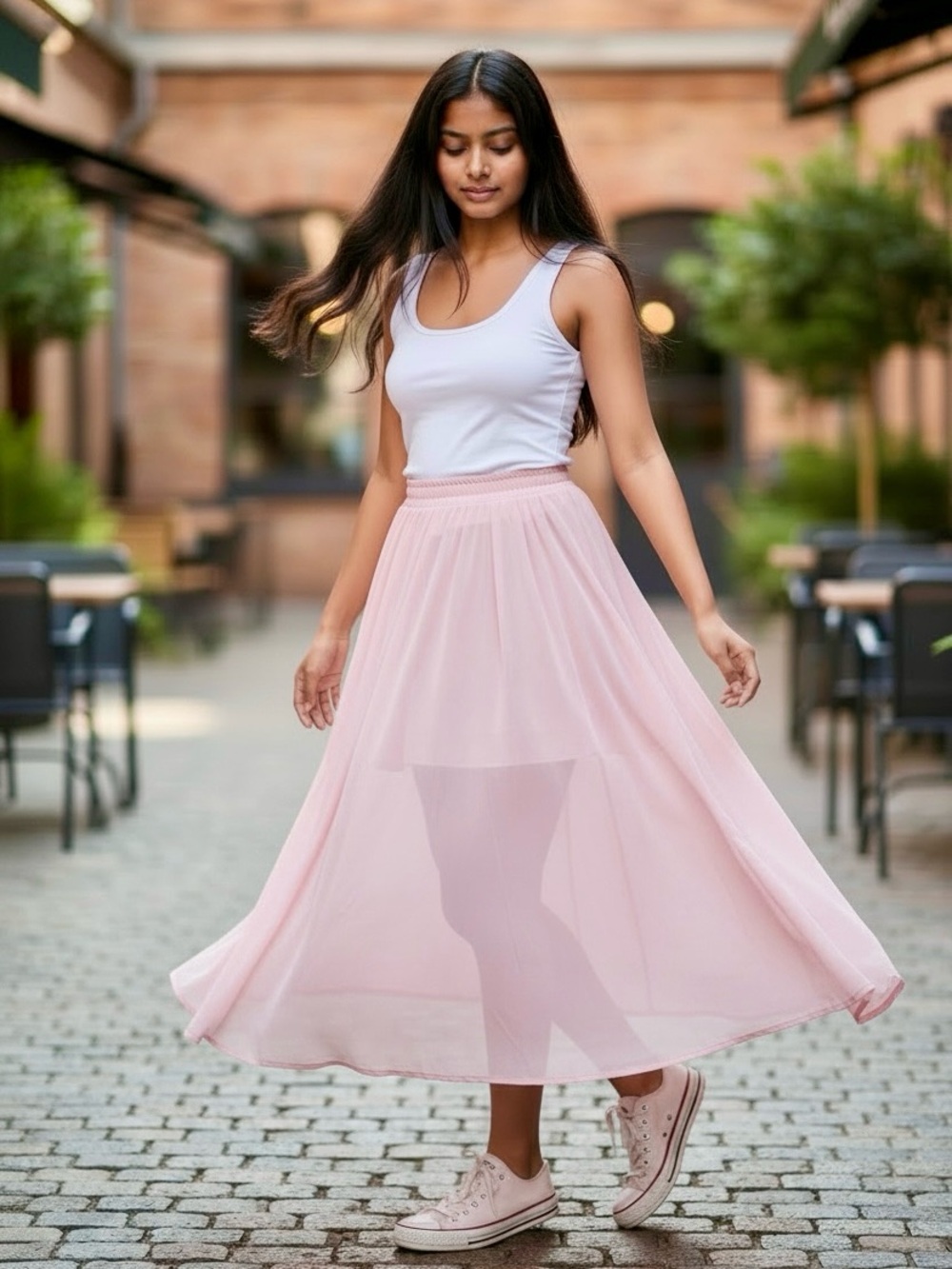 Sheer Chiffon Circle Swing Maxi Skirt in Light Pink With Stretch Waist